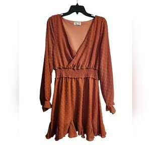 Brown and Orange Plunge Neck Bishop Sleeve Sundress